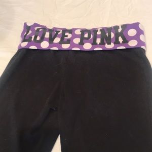 Pink- Victoria’s Secret yoga pants, black with purple & white polkadot, size M